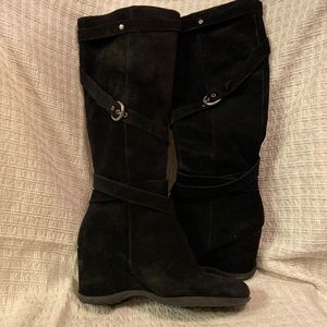 Tall black suede boots with 2.5” wedge heel, size 7